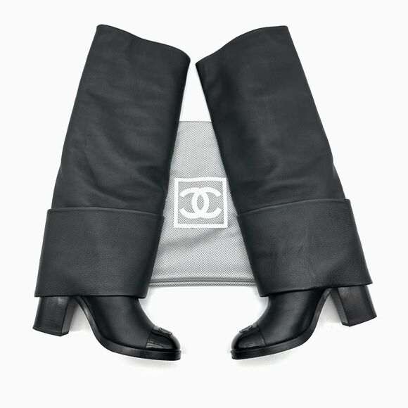 CHANEL Black CC Logo Tall Heeled Boots Size 37 Cap Toe Leather Fold Over - Picture 2 of 10